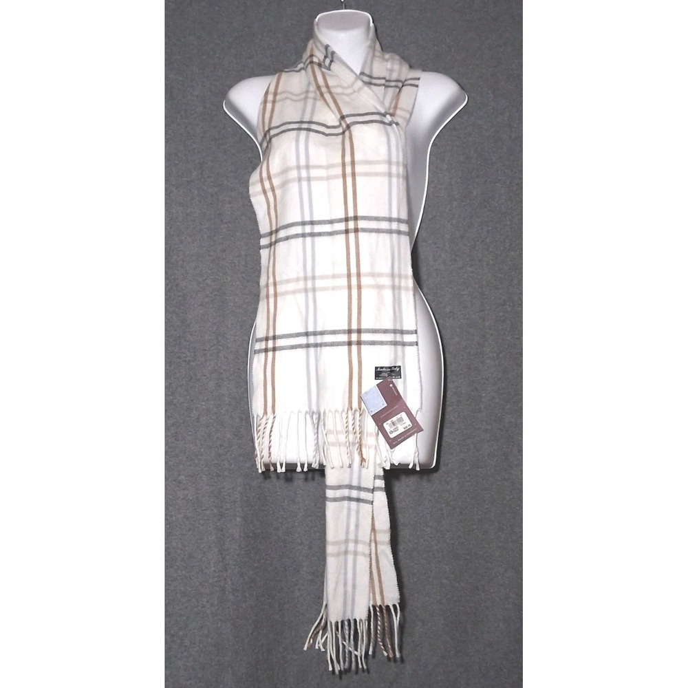 NWT GH Bass 100% Acrylic Plaid Scarf Made in Italy Ivory Eggshell Fringe 73 in